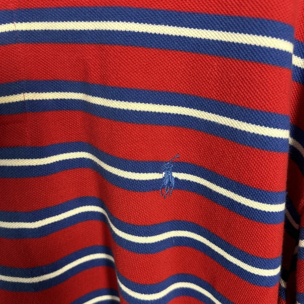 VINTAGE‎ Polo Ralph Lauren Golf Logo Red Blue White Stripe Size L 100% Cotton